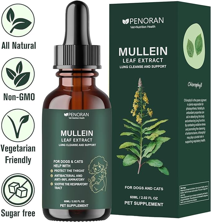 Pet Mullein Leaf Extract Drops for Dogs & Cats Hoarseness, Cough, Easy Breathing, Lung Cleanse and Support, Better Lungs, Soothes Throat Discomfort - ﻿100% Natural and Efficient ﻿ ﻿