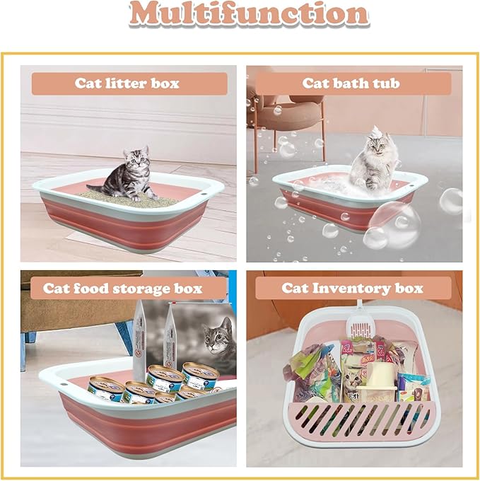 Foldable Cat Litter Box Open Potty Pan Portable Collapsible Cats Litter Boxs Travel Kitten Pan with Scoop Waterproof Low Entrance for Kitten and Easy Clean 17.7"×13.4"x4.9"(Pink)