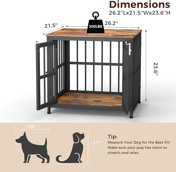 26 Inch Heavy Duty Wooden Dog Kennel End Table with Double Door Design and Secure Locks, Indoor Pet Crate Furniture for Small Dogs, Decorative Home Cage Design,Aged Black
