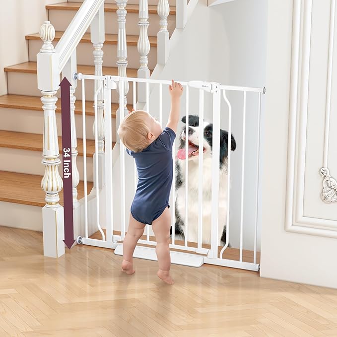 34" Extra Tall Baby Gate for Stairs, Auto Close Stroller Friendly Dog Gate Indoor for Doorways, Pressure Mounted 29"-40" W Baby Gate, Easy Walk Through Gate for Children & Pets, White