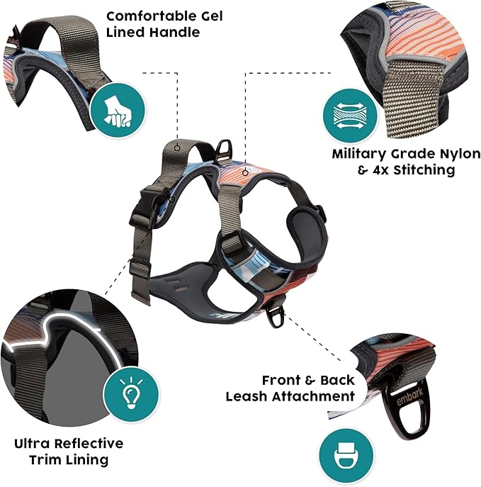 Embark Adventure Dog Harness, Reflective Trim No Pull Dog Harness for Large Dogs - Military Grade Nylon, Front Clip with Gel Lined Handle.