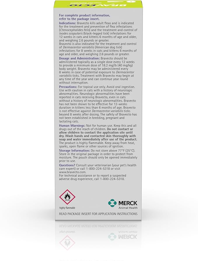 BRAVECTO Topical Solution for Cats, Flea & Tick, 12 Week Supply, 2.6-6.2 lbs., Green Box