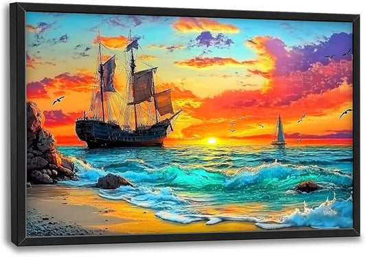 Framed Large Ship Wall Art for Living Room, Oversized Coastal Beach Boat Wall Decor Nautical Seascape Sailboat Canvas Painting Modern Artwork Home Decoration for Living Room Bedroom 36"x24"