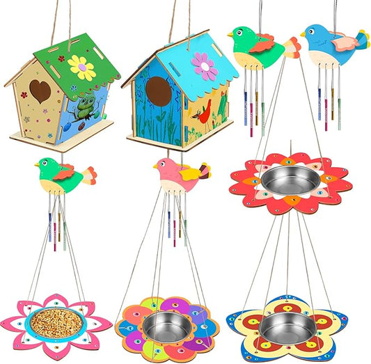 Fennoral 12 Pack Bird House Craft Kit for Kids Make You Own Bird Wind Chime Kit DIY Build and Paint Wooden Birdhouses Bird Feeder Art and Craft for Spring Yard Garden Outdoor Decoration