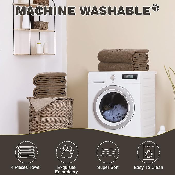 Chumia 4 Pack Dog Towels for Drying Large Microfiber Grooming Tools Absorbent Soft Bath Supplies with Embroidered Paw for Small Medium Pet Products(16 x 32 Inch,Brown)