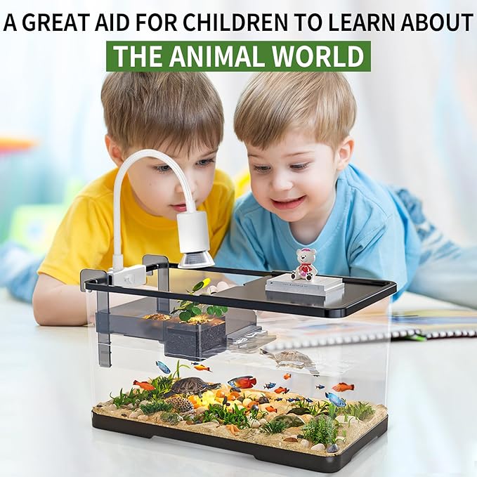 (Tank + Light + Filter + Filter Balls) Turtle Tank Kit, Turtle Tank Starter Kit,Bottom Drainage, Multi-Function Areas for Turtles, Crabs,Fishes, Amphibians,Reptiles. (21.65 × 12.28 × 12.28 Inch)