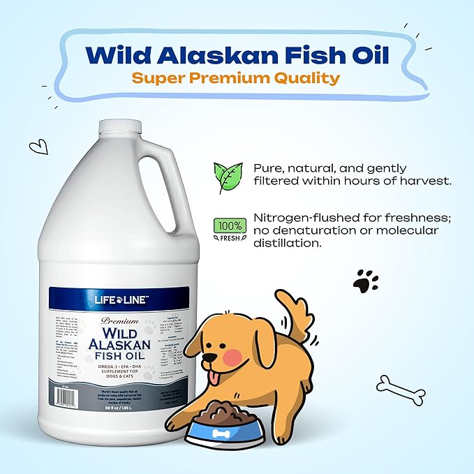 Life Line Pet Nutrition Wild Alaskan Fish Oil for Dogs and Cats 66oz – Omega 3 Fish Oil Supplement for Skin & Coat – Supports Brain, Eye & Heart Health in Dogs & Cats