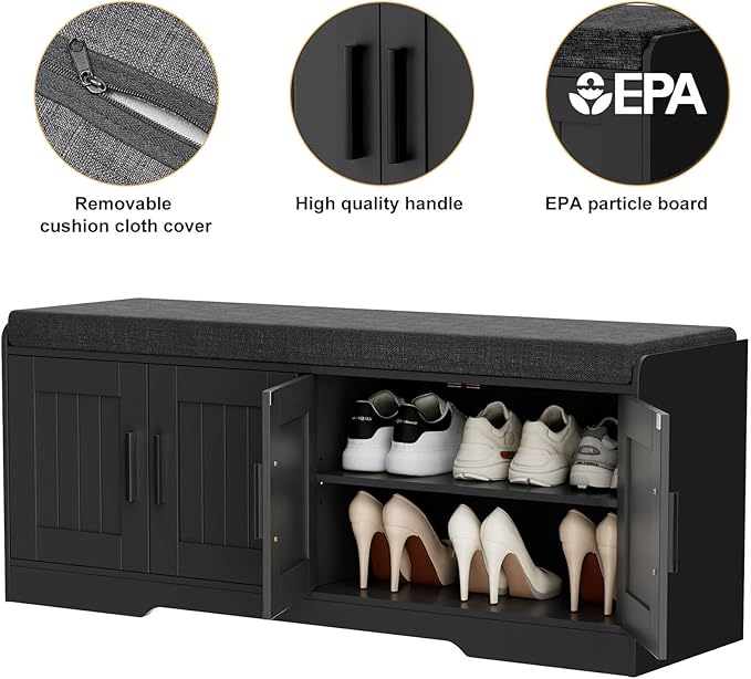 2-Tier Storage Bench, Shoe Bench with Thickened Padded Seat Cushion, Entryway Bench with 4 Doors, Adjustable Shelf, 13.8" D x 45.3" W x 18.5" H, for Entryway, Living Room, Bedroom, Black