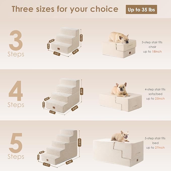 EHEYCIGA Dog Stairs for High Bed 22.5" H, 5-Step Dog Steps for Bed, Pet Steps for Small Dogs and Cats, Non-Slip Balanced Pet Ramp Indoor, Beige