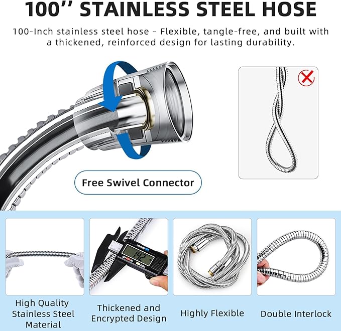 G-Promise Dog Shower Sprayer Attachment for Fast and Clean Pet Showering, Multifunctional Shower, Metal Diverter, 100 Inch Extra Long Hose, No Drill Hook, Dog Washing-Bathroom (Chrome)