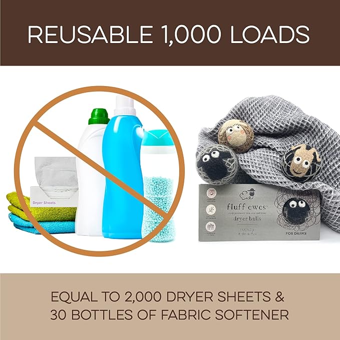 Fluff Ewes Wool Dryer Balls 3 Pack Premium New Zealand Wool Laundry Balls for Dryer, No Static Dryer Balls Laundry Reusable Cute - XL Wool Dryer Balls Cute, Baby Dryer Balls for Dryers - Darks