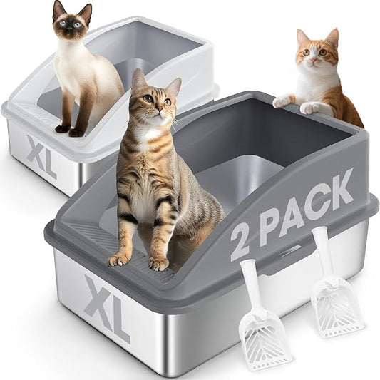 2 Pack Stainless Steel Litter Box | XL Enclosed Cat Litter Boxes with Lid for Big Cats and Multi-Cats | High Sided, Anti-Urine Leakage | Non-Stick Bottom（Multi-Colored）