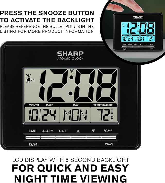 Sharp Atomic Desktop Clock – Auto Set Digital Alarm Clock - Atomic Accuracy - Easy to Read Screen with Time/Date/Temperature Display- Perfect for Nightstand or Desk