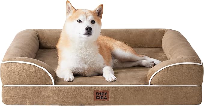 EHEYCIGA Orthopedic Dog Beds for Large Dogs, Waterproof Memory Foam Large Pet Bed with Sides, Non-Slip Bottom and Egg-Crate Foam Dog Couch Bed with Washable Removable Cover, Camel