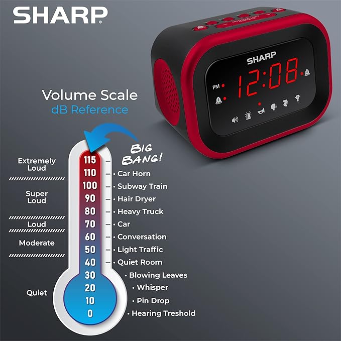 Sharp Big Bang Super Loud Alarm Clock for Heavy Sleepers, 6 Extremely Loud Wake Up Sounds: Rooster, Bugle, Nagging Mom, Jackhammer, Siren, Beep – Up to 115db Volume, Red/Black with Red LED Display
