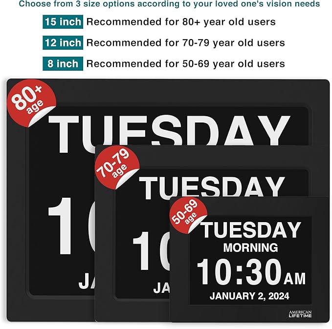 American Lifetime 【New 2024 Dementia Clock Large Digital Clock for Seniors, Digital Clock with Custom Alarms, Clock with Day & Date for Elderly, Large Number Digital Clock Mahogany, 15 Inches