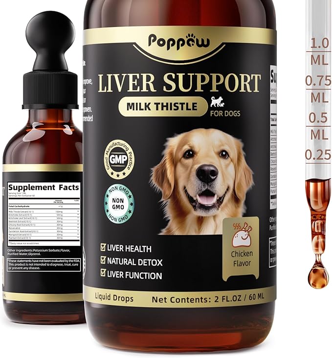 Milk Thistle for Dogs – 9-in-1 Liver and Kidney Support Drops with Artichoke, Resveratrol, Marigold Extract, 100% Natural Detox Supplement for Liver Function, Split Dropper, Chicken Flavor, 2Oz