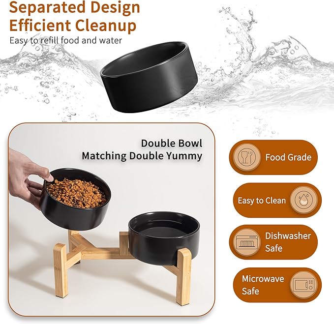 Elevated Ceramic Dog Bowl Set - Raised Dog Bowls with Non-Slip Bamboo Stand - Dog Food and Water Bowl Set - Double Dog Feeding Bowls - Suitable for Small and Medium Dogs - 28.74 OZ - 3.6 CUPS - 850 ML