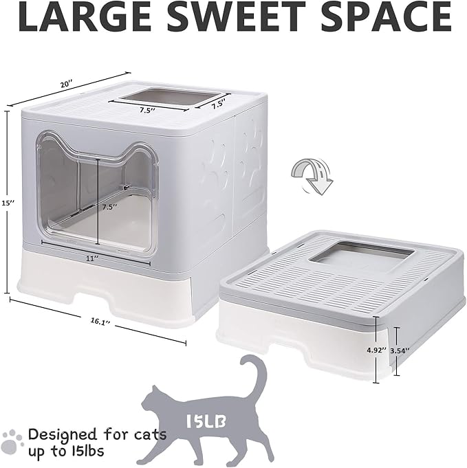 Foldable Cat Litter Box with Lid, Enclosed Potty, Large Top Entry Anti-Splashing Toilet, Easy to Clean Including Litter Scoop and 2-in-1 Cleaning Brush (Grey)