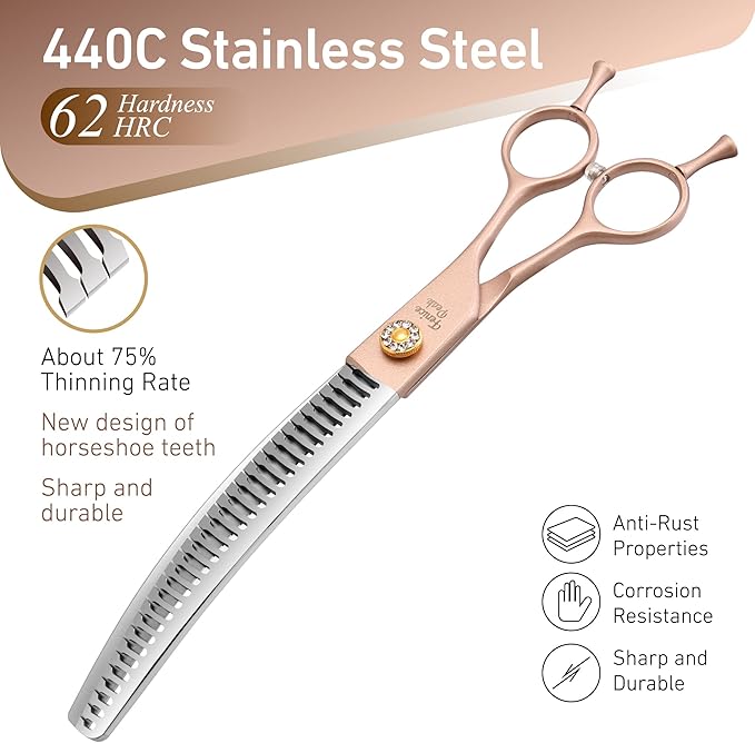 Fenice Peak Professional Curved Chunker Dog Grooming Scissors 8.0'' Rose Gold Thinning Shears Extremely Sharp Blades 440C Stainless Steel Thinning Shears Durable Smooth Fine Cut for Dogs and Cats.