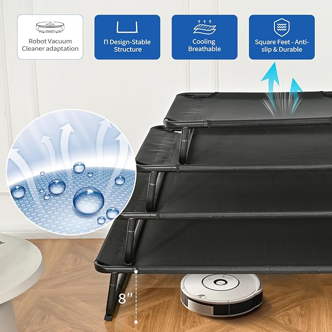 Elevated Dog Beds, Extra Large Raised Dog Cots Outdoor Cooling Dog Bed Waterproof Stable and Easy Assembly, Teslin Fabric with 1.2mm Thick Iron Frame, Breathable, Ultra-Sturdy，Black, 54*37*8.7