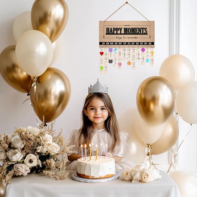Family Birthday Calendar Board Wall Hanging with Tags, Family Birthday Plaque with Tag Wooden Memory Days Reminder Wall Hanging Home Décor Wood Anniversary Tracker with 104 Tags, Valentines Day Christmas Gifts for Lovers Friends (HAPPY MONENTS)