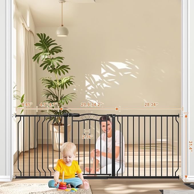 67.3-81.1" Extra Wide Baby Gate for Stairs No Drilling, 30" Tall Auto Close Press Mounted Baby Gate for Doorways, Adjustable Width Walk Through Long Gates for Kids or Pets, Black
