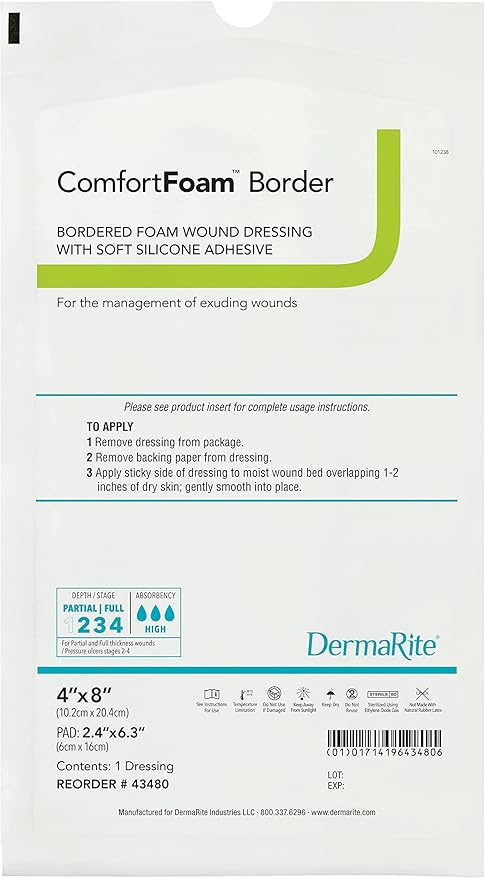 DermaRite's ComfortFoam Border, Foam Wound Dressing - Flexible and Soft Silicone (4 X 8 Inch (5 Count))