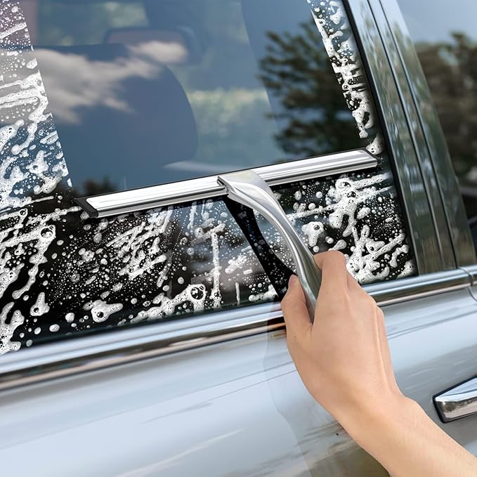 All-Purpose Stainless Steel Shower Squeegee for Shower Doors with 2 Adhesive Hooks, Bathroom Cleaner Tool Household Window Mirror Squeegee for Home Cleaning, Glass Door, Tile Wall, Car, 12 Inch Silver