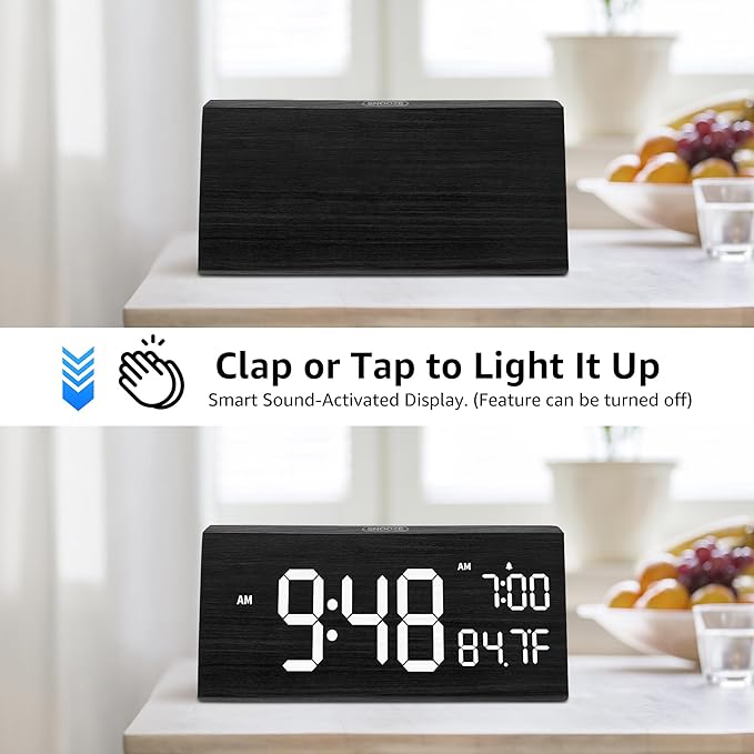 OhM-ega Wooden Digital Alarm Clock, Electric Clocks with Dual USB Port, Large Numbers, Temperature Display, Brightness Dimmer, Sound-Activated Display, Snooze, 12/24H, Black