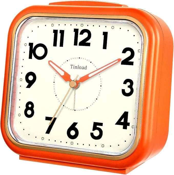 5.5" Large Analog Alarm Clock • Silent Non Ticking • Gentle Wake • Beep Sounds • Increasing Volume • Battery Operated Snooze and Manual Light • Retro Orange