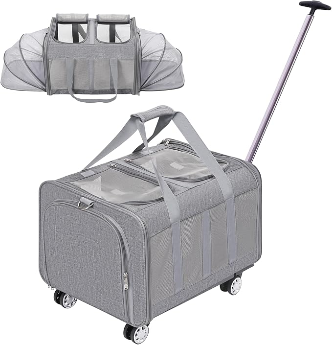 Expandable Pet Carrier with Wheels, Double Cat Dog Carrier 21"x 17"x 16" up to 40 Lbs, Rolling Pet Carrier for Cats and Dogs, Extra Large Pet Travel Carrier, Ideal for Outdoor/Travel