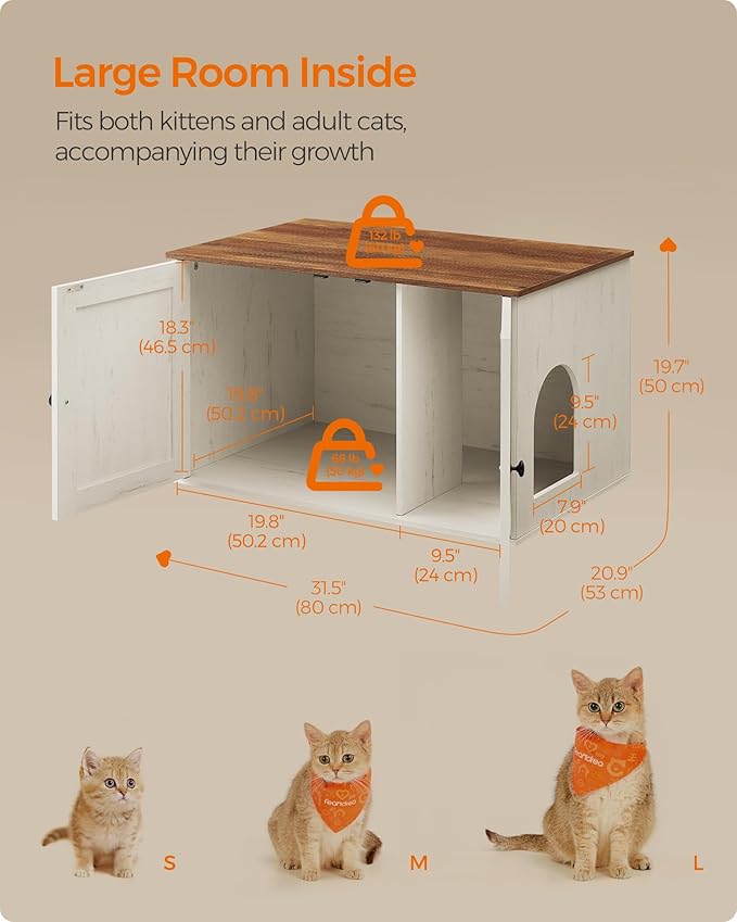 Feandrea Cat Litter Box Enclosure, Litter Box Furniture Hidden with Removable Divider, Indoor Cat House, End Table, 31.5 x 20.9 x 19.7 Inches, Honey Brown and Rustic White UPCL002P01