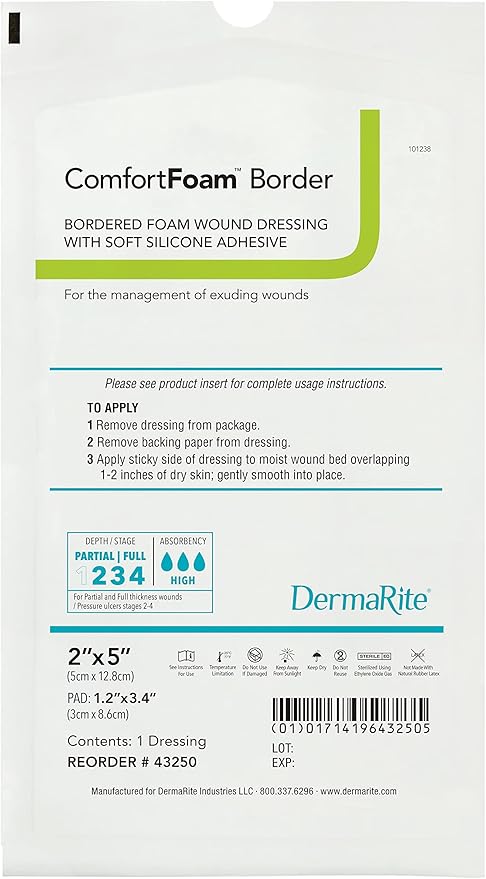 DermaRite's ComfortFoam Border, Foam Wound Dressing - Flexible and Soft Silicone, Self Adhesive, No Natural Rubber Latex - 2 in. x 5 in., 10 Count, 1 Pack