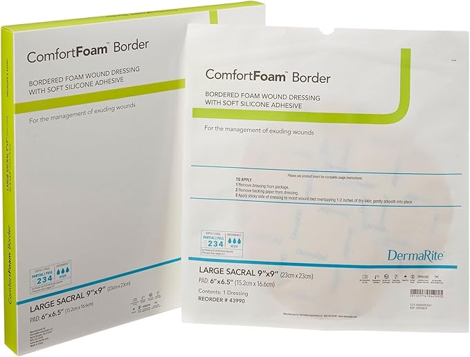 DermaRite ComfortFoam Border, Foam Wound Dressing - Flexible and Soft Silicone, Self Adhesive, No Natural Rubber Latex - 9 in. x 9 in., 1 Count, 5 Packs, 5 Total