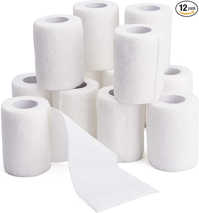 TOBWOLF 12PCS Self Adhering Bandage, 3" x5yd / 7.5cmx4.5m Cohesive Elastic Bandage Wrap Gauze Roll, Breathable Sports Tape, Medical Wrap for Wrist Ankle Knee Leg Sprains Swelling - White