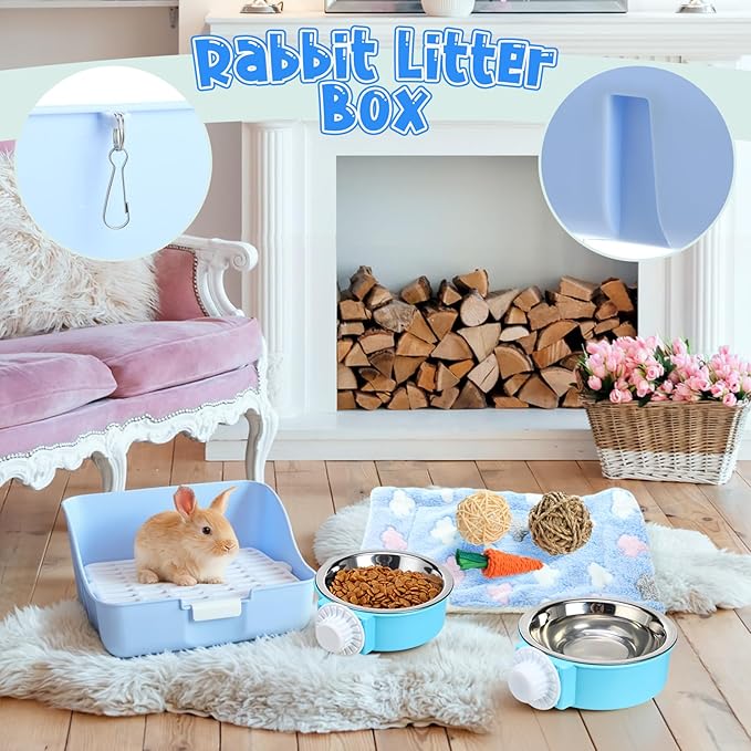 15 Pcs Rabbit Starter Kit Small Rabbit Litter Box Animal Grooming Kit Bunny Toys Bowl Blankets with Cleaning Set for Guinea Pig Accessories(Candy Blue)