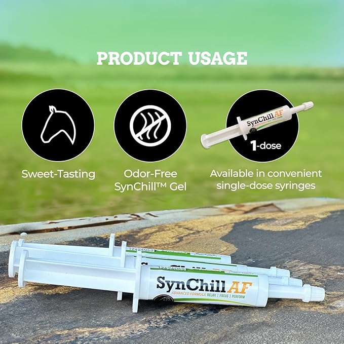SynChill AF Calming Gel for Nervous Horses - Single Serving - Advanced Formula with L-Theanine, Increased Potency, 100% Natural Supplement, Disposition & Confidence Support for Horses - 12 Pack