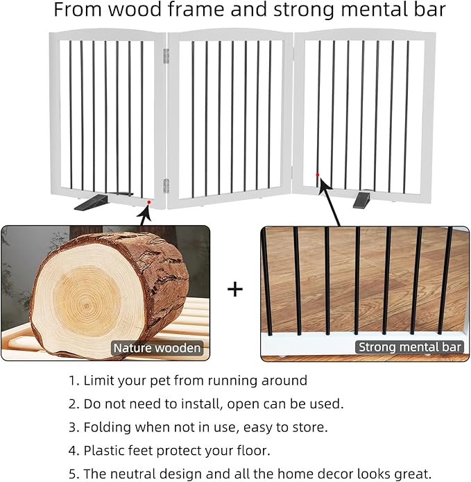Freestanding Panel Dog Gate for Indoor Doorways, Stairs, or Hallways - Foldable Wooden Pet Gate, 24" Height - 3 Panels, White