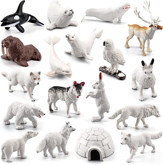 18pcs Arctic Animal Figures, Realistic Arctic Animals Toy Figurines Set with Arctic Fox Wolf Polar Bear Reindeer Figures for Kids, Miniature Toys Cake Topper Birthday Gift