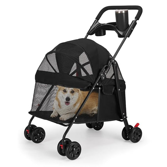 Foldable Pet Stroller for Small/Medium Pets up to 22 lbs - Lightweight 4-Wheel Design with Sun Canopy, Storage Bag & Breathable Mesh