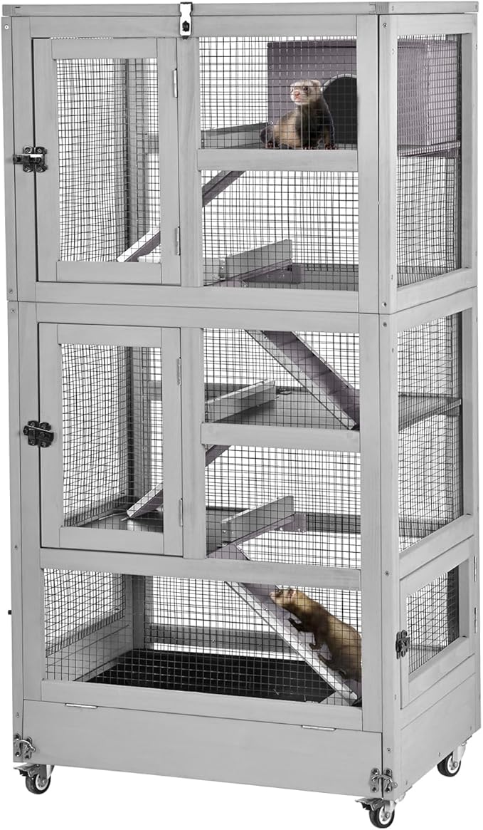 Ferret Cage Rat Cage Indoor Outdoor, Large Guinea Pig Cages with 5 Levels, Wooden Chinchilla Cage with Wheels for Hamster, Chameleon, Gerbils and Other Small Animals Anti-Chewing