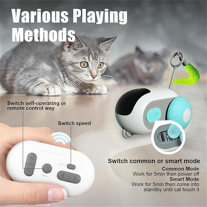 1pc Interactive Automatic Remote Control Cat Mice Car Toy and 1pc Smart Electric Moving Speedy Cat Ball Toy with Feather Tail, Suitable for Dogs, Keep Busy, Stimulating, Rechargeable (Blue)