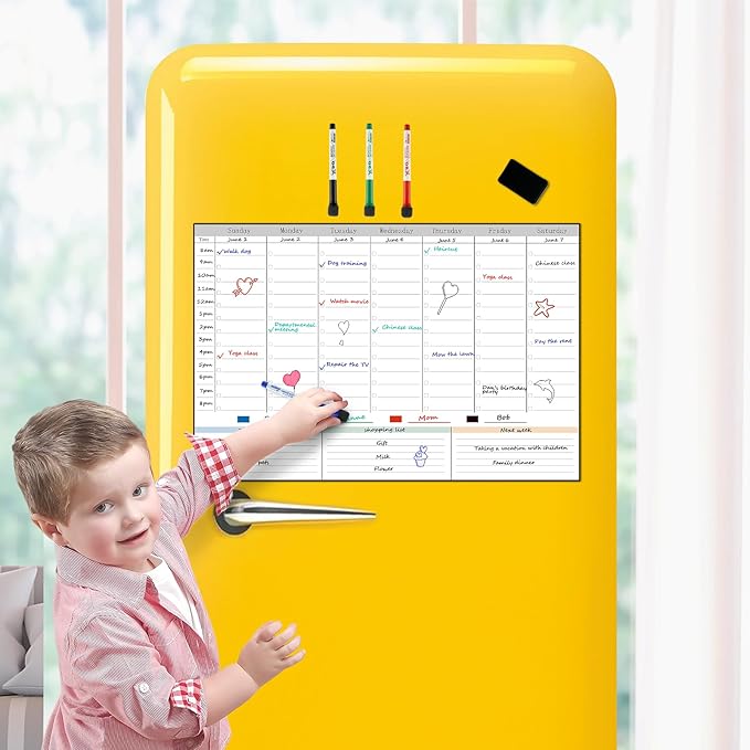 POPRUN Magnetic Weekly Dry Erase Board Calendar for Fridge, 16.9"x11"Schedule Board, Weekly Planner Whiteboard Calendar with Hourly Time Slots To Do List Perfect as Planner Board for School and Family