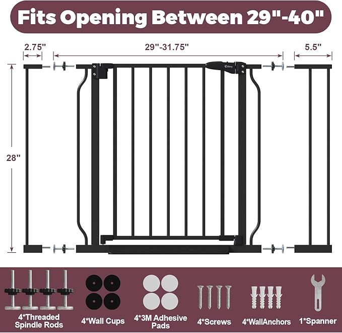 29"-40" Baby Gate for Stairs, Auto Close Stroller Friendly Dog Gate Indoor for Doorways, Pressure Mounted Baby Gate, Easy Walk Through Gate for Children & Pets, Black