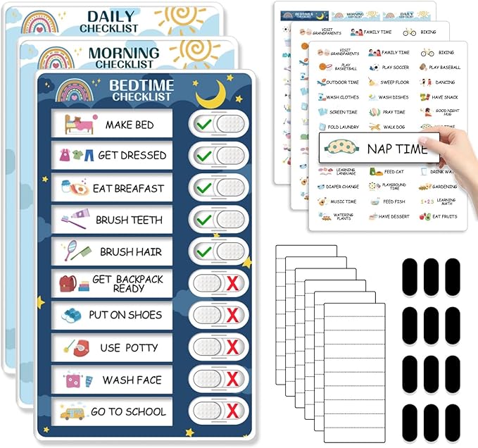 Upgraded Slider 3 in 1 Bedtime/Morning/Daily Routine Chart for Kids, Magnetic Chore Chart for Kids, Visual Schedule for Kids Toddlers Schedule Board for Home