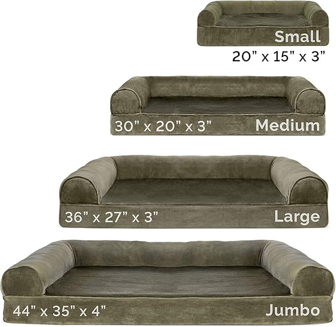 Furhaven Cooling Gel Dog Bed for Large Dogs w/ Removable Bolsters & Washable Cover, For Dogs Up to 95 lbs - Faux Fur & Velvet Sofa - Dark Sage, Jumbo/XL