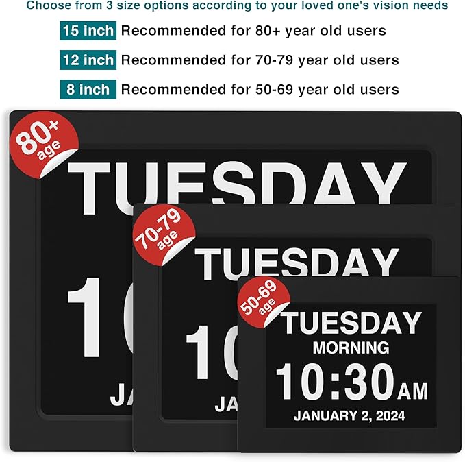 American Lifetime Large Digital Clock for Seniors, Black, 8 inch, with Day & Date, Customizable Alarms, Auto-Dimming, Multi-Language Support, Battery Backup, Easy Setup, and Gift Option