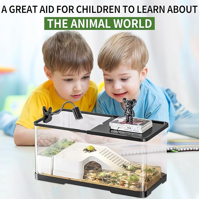 (Tank + Light + Filter + Filter Balls) Turtle Tank Kit, Turtle Tank Starter Kit,Bottom Drainage, Multi-Function Areas for Turtles, Crabs,Fishes, Amphibians,Reptiles.(21.65 × 12.28 × 12.28 Inch)