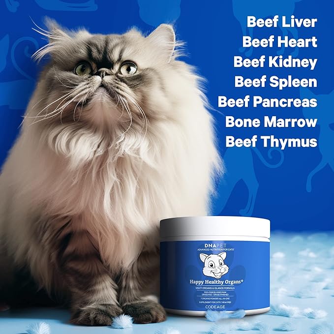Happy Healthy Organs & Glands Supplement For Cats, Freeze-Dried Raw Bovine Liver Grass-Fed Bone Marrow Heart Kidney Pancreas, Bovine Thymus Iron Multi Organ Powder, Joints Cat Vitamins 1.48 oz